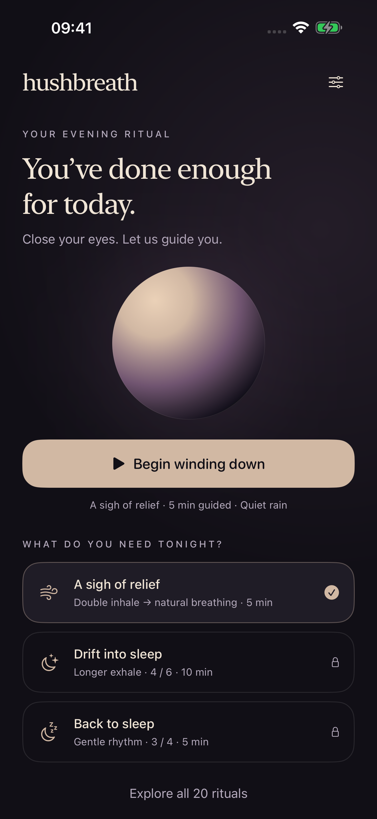Evening ritual home screen
