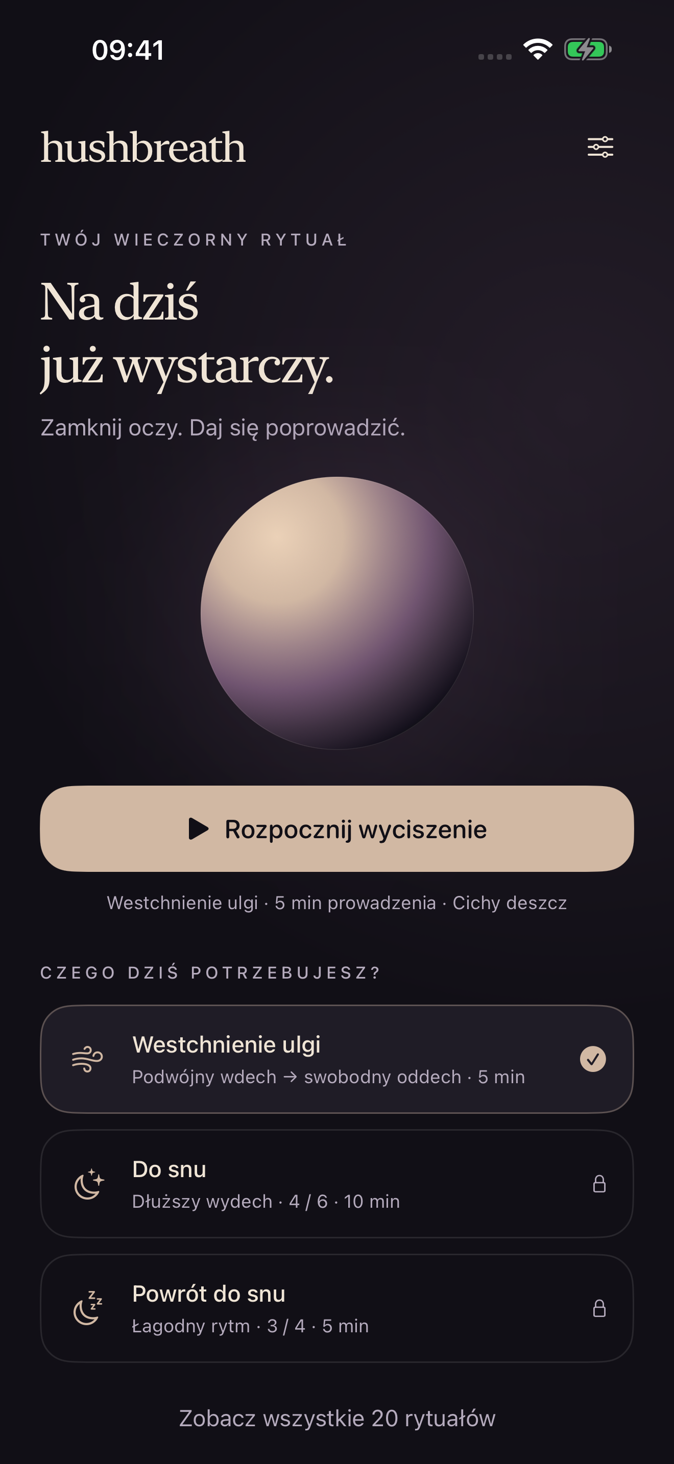 Ekran główny wieczornych rytuałów